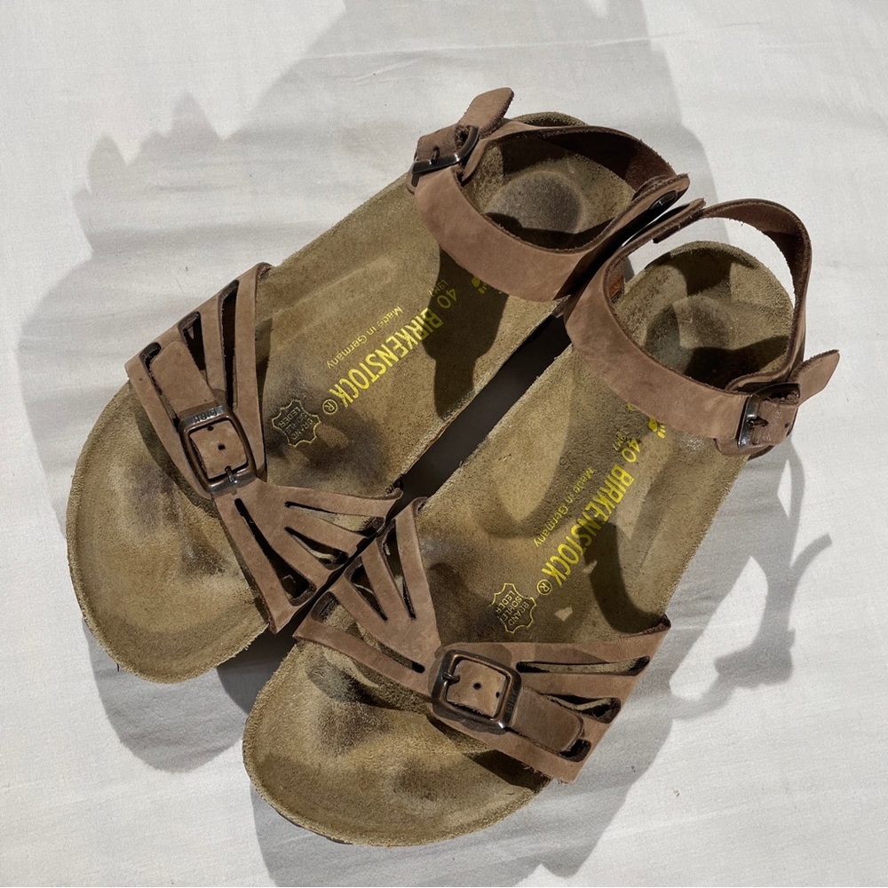 Birkenstocks habana two strap sandals.